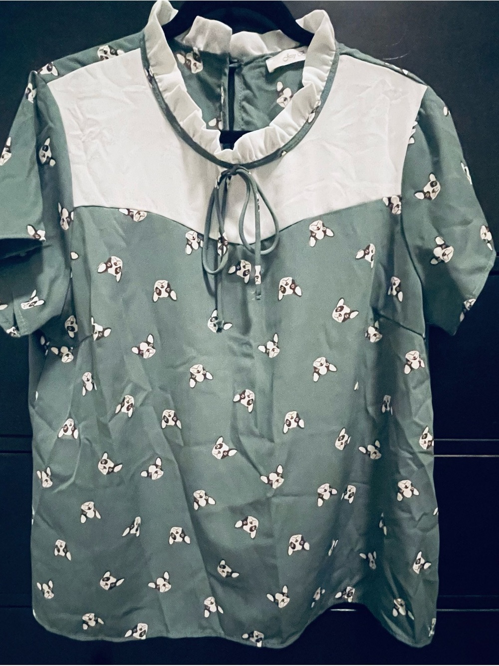 ModCloth Sage Green Dog-Print Tie-Neck Ruffle Yoke Blouse
